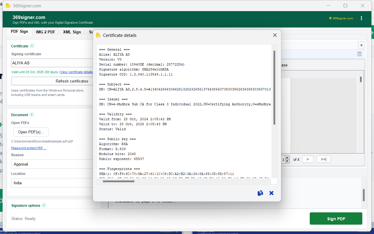 369 DSC Signer certificate details dialog showing subject, issuer, serial number, and validity