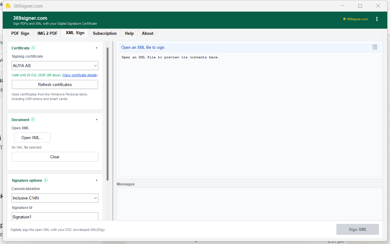 369 DSC Signer XML Sign tab with enveloped XMLDSig signing and validation