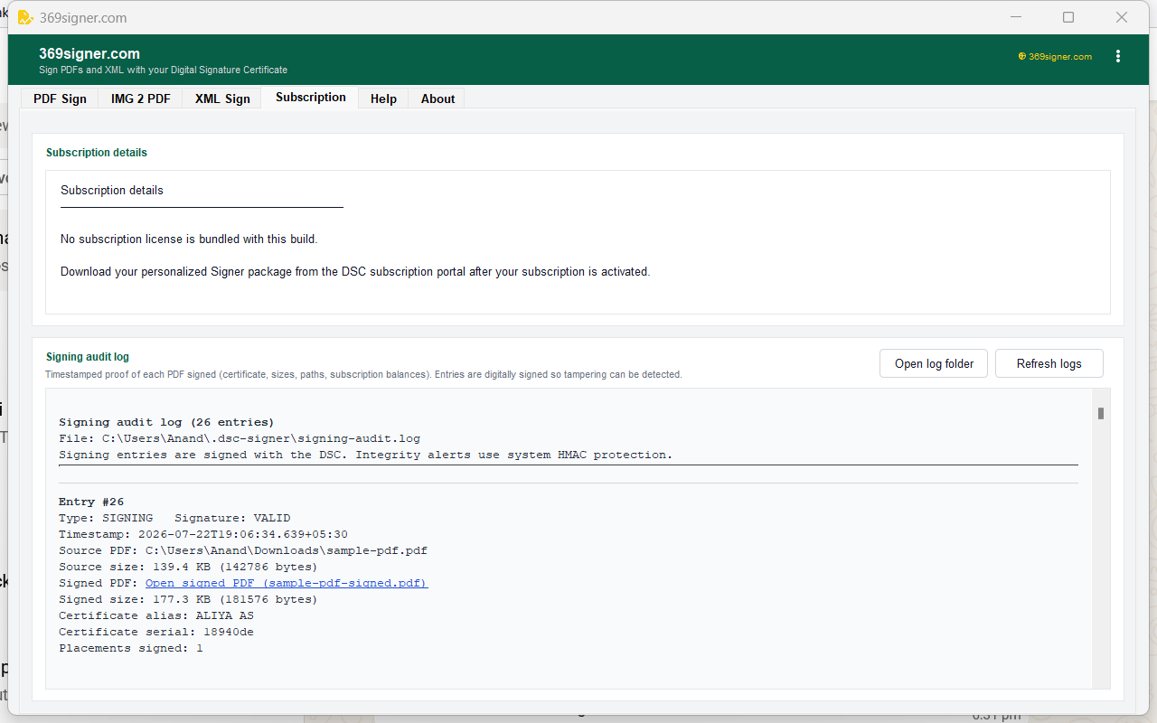 369 DSC Signer Subscription tab showing sign balance and signing audit log