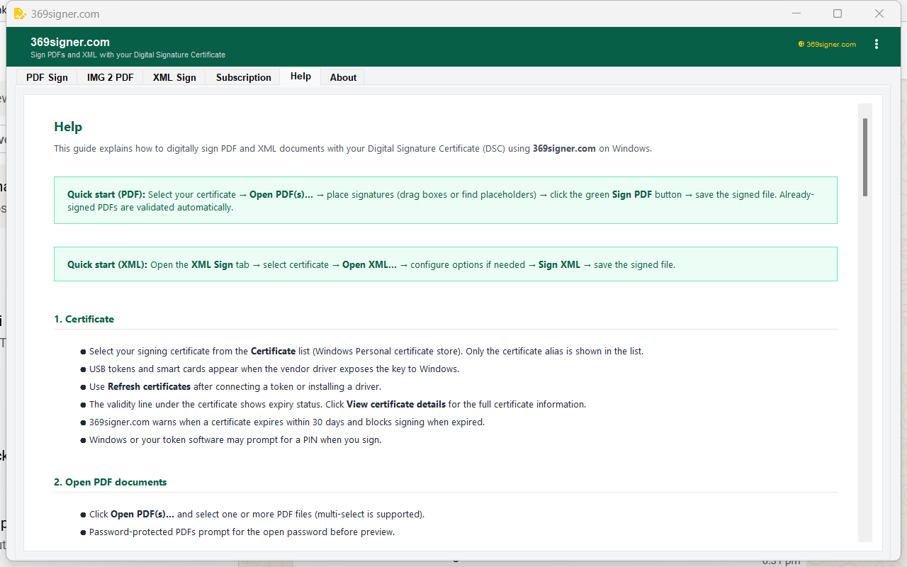 369 DSC Signer Help tab with step-by-step signing guidance