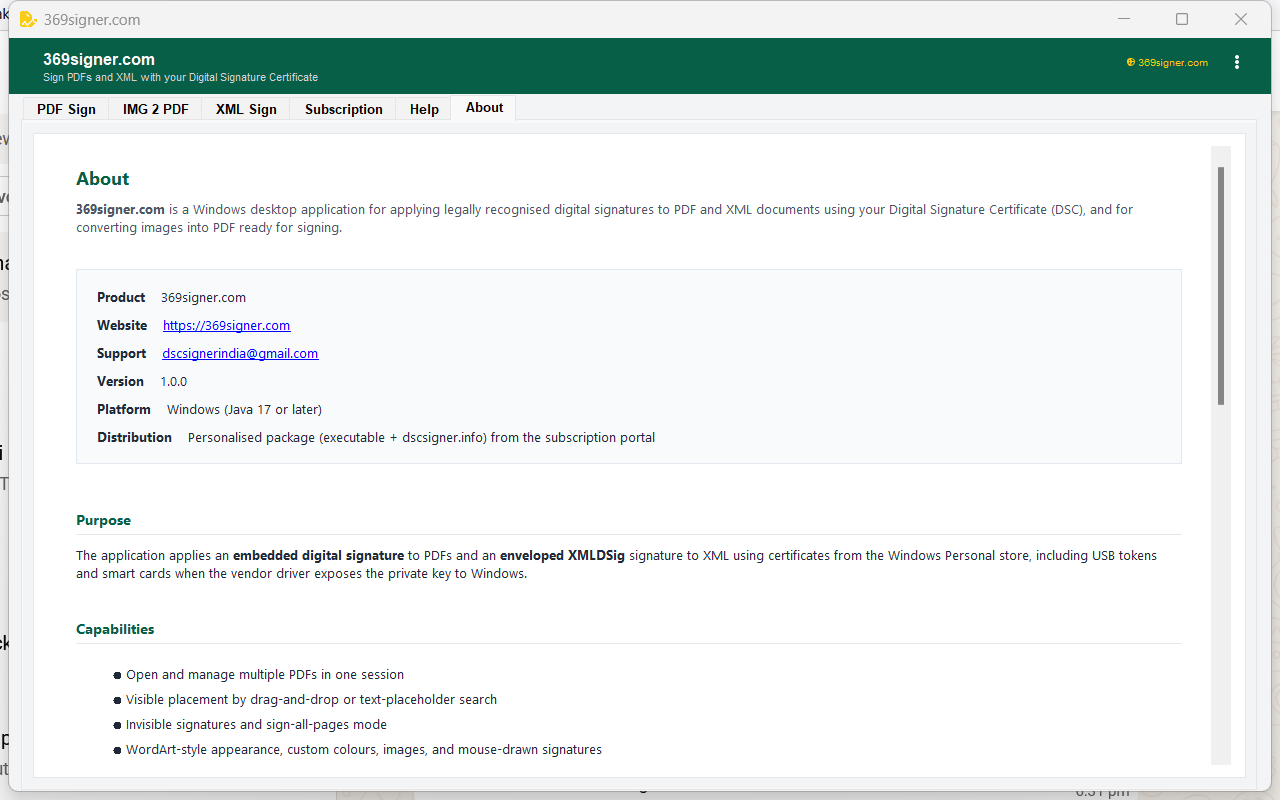 369 DSC Signer About tab with utility version and capabilities